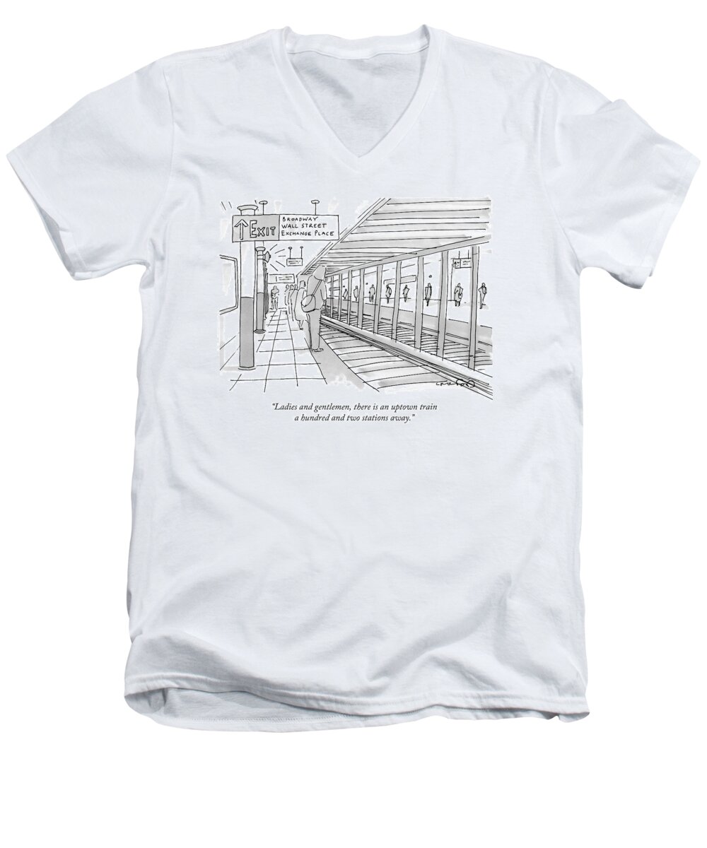 Subway Men's V-Neck T-Shirt featuring the drawing People Stand On A Subway Platform Awaiting by Michael Crawford