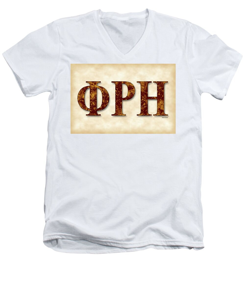 Phi Rho Eta Men's V-Neck T-Shirt featuring the digital art Phi Rho Eta - Parchment by Stephen Younts
