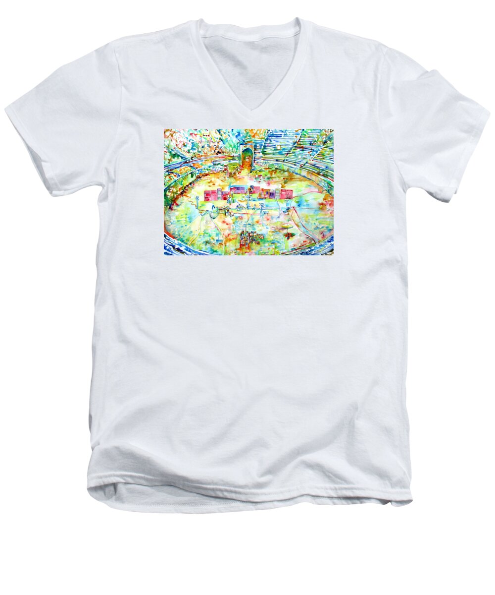 Pink Men's V-Neck T-Shirt featuring the painting Pink Floyd Live At Pompeii Watercolor Painting by Fabrizio Cassetta
