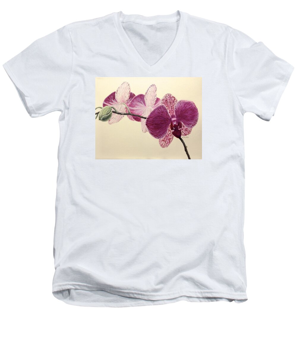 Orchid Men's V-Neck T-Shirt featuring the painting Pink Orchid by Mary Palmer