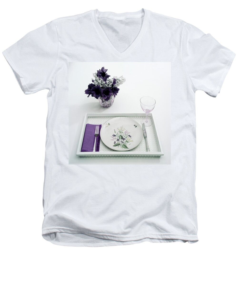 Home Men's V-Neck T-Shirt featuring the photograph Place Setting With With Flowers by Haanel Cassidy