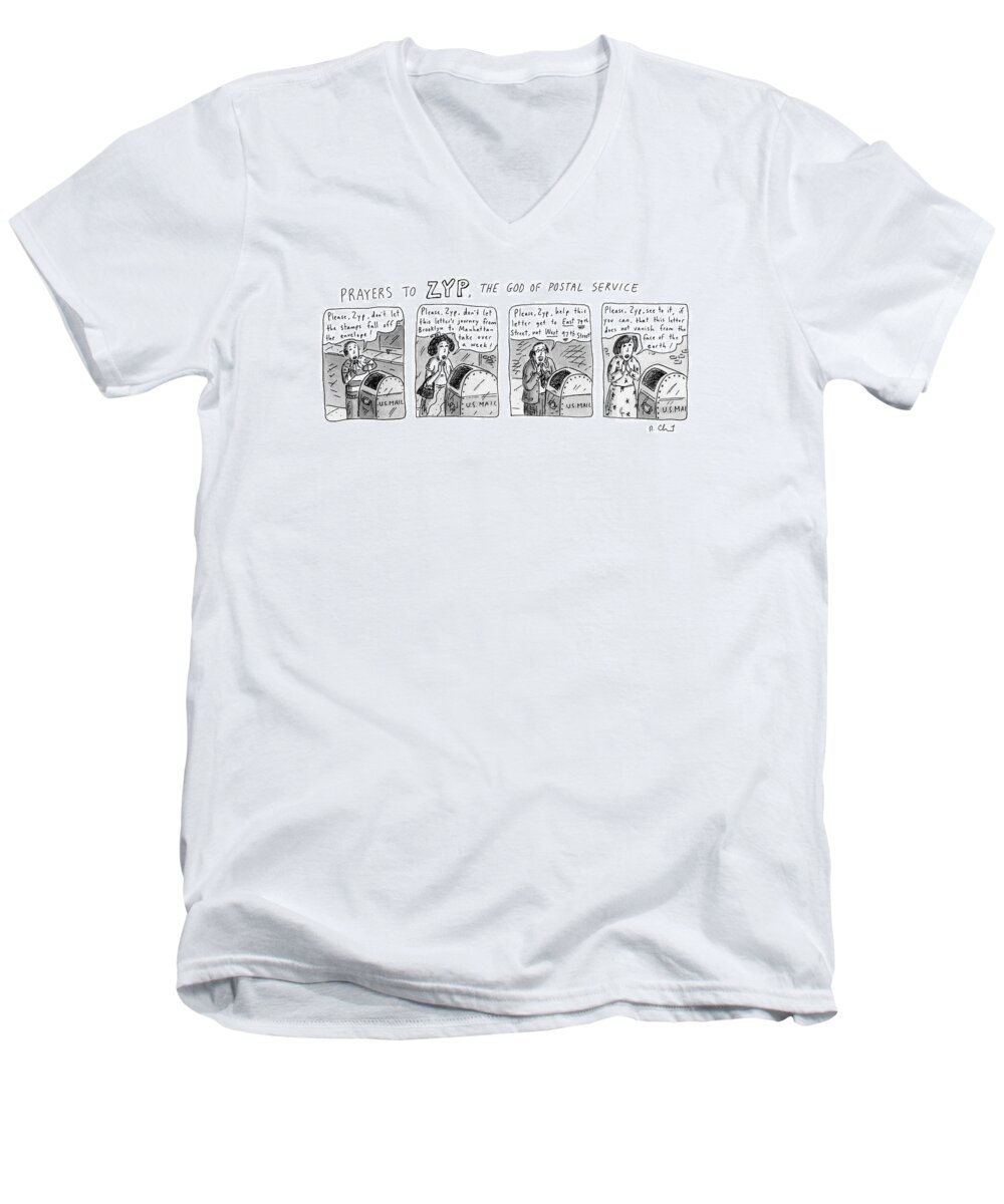 
Prayers To Zyp Men's V-Neck T-Shirt featuring the drawing Prayers To Zyp by Roz Chast