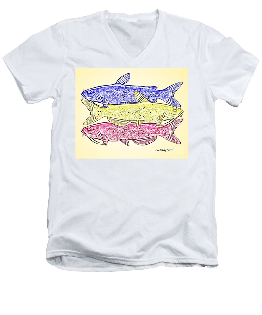 Catfish Men's V-Neck T-Shirt featuring the digital art Primary Cats by Lee Owenby