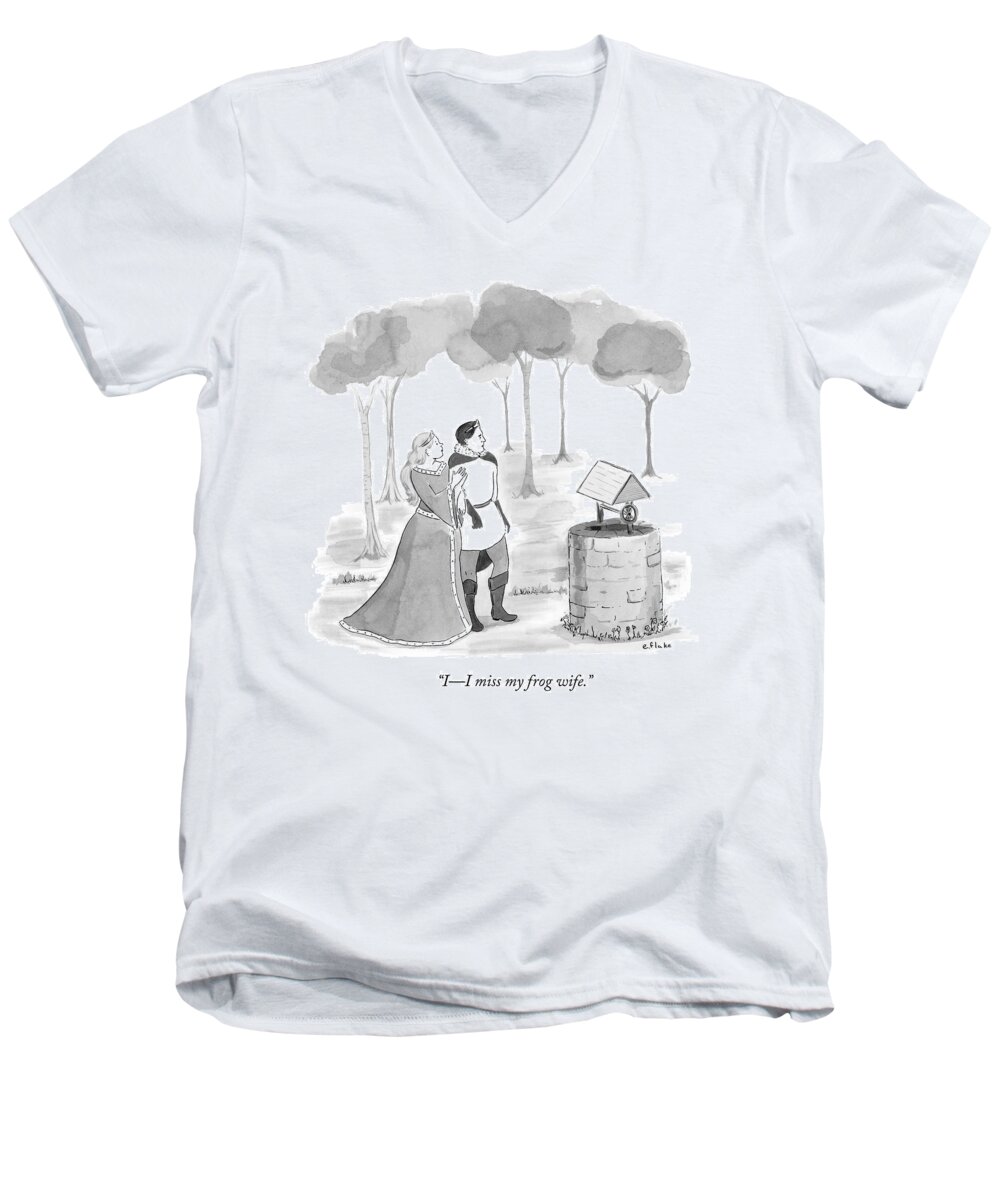 Frog Men's V-Neck T-Shirt featuring the drawing Prince Speaks To Princess by Emily Flake