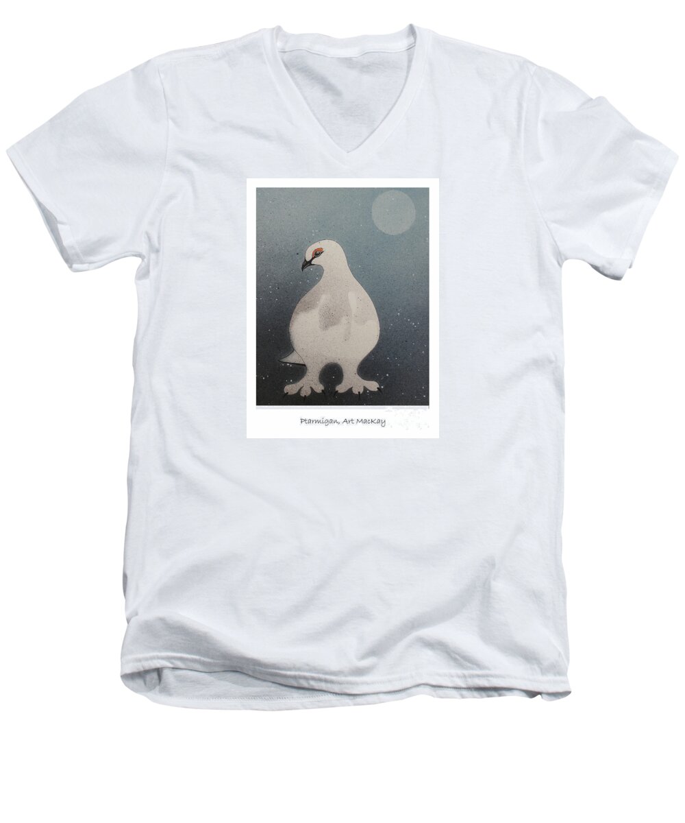 Arctic Men's V-Neck T-Shirt featuring the mixed media Ptarmigan by Art MacKay