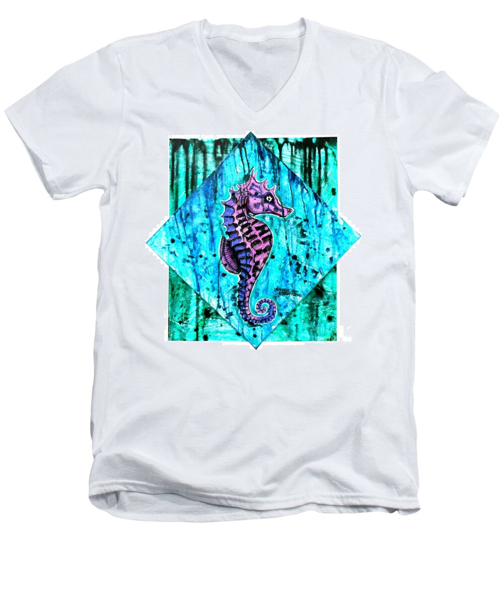 Seahorse Men's V-Neck T-Shirt featuring the painting Purple Seahorse by Genevieve Esson