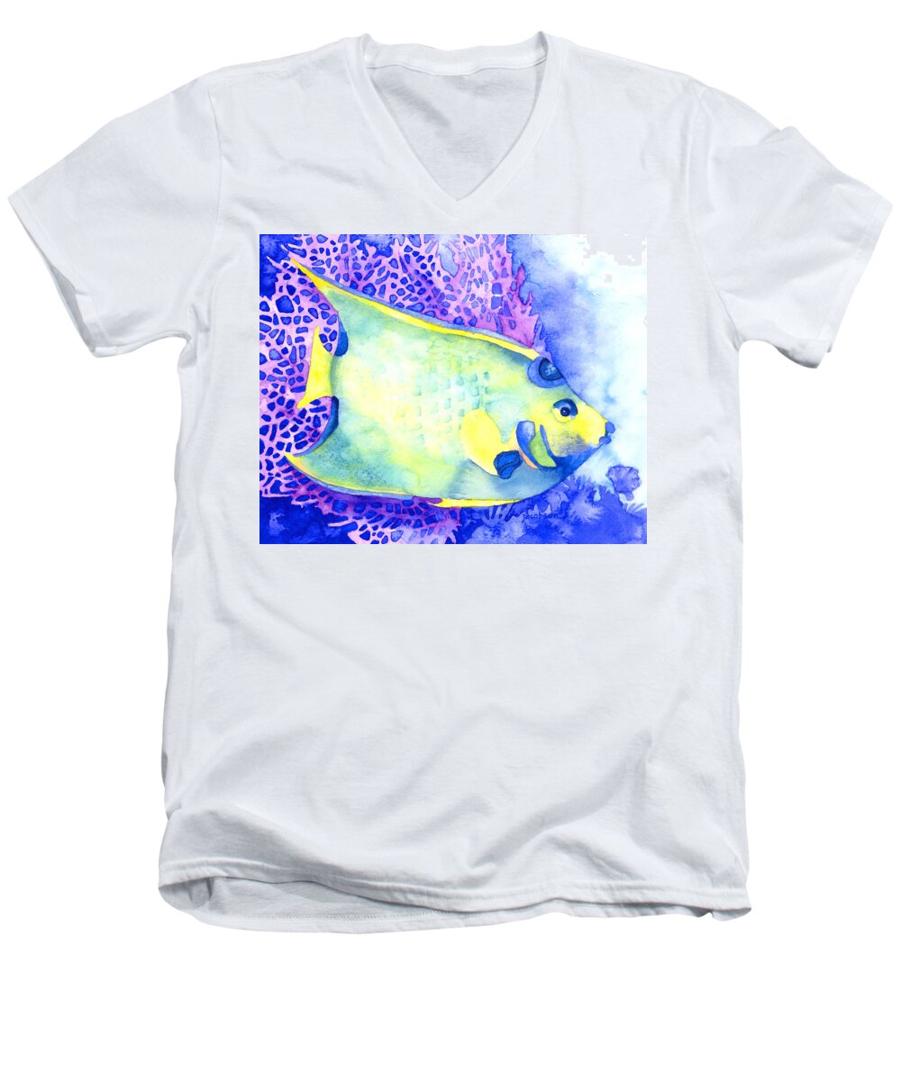 Angelfish Men's V-Neck T-Shirt featuring the painting Queen Angelfish by Pauline Walsh Jacobson