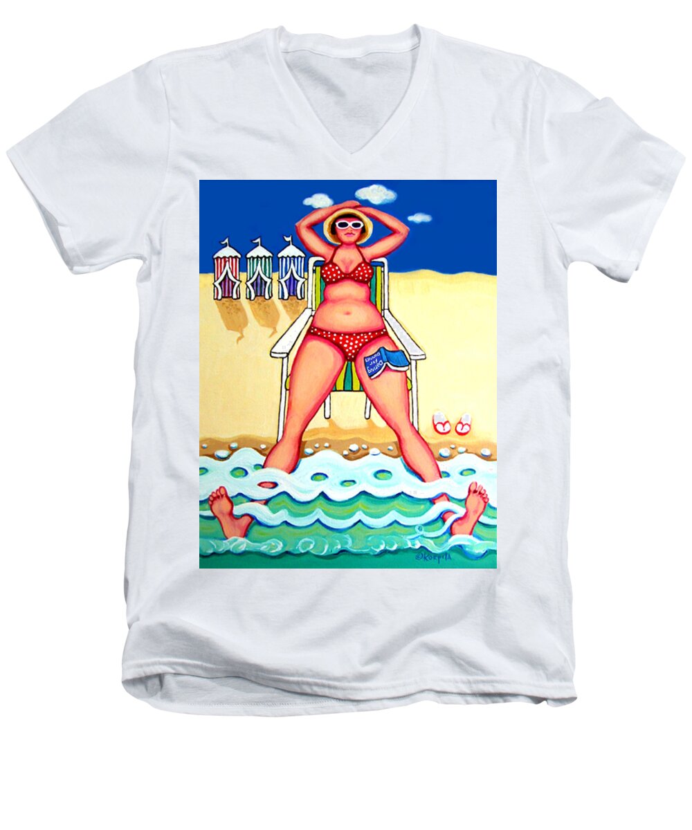 Whimsical Beach Men's V-Neck T-Shirt featuring the painting R and D - Woman on Beach by Rebecca Korpita