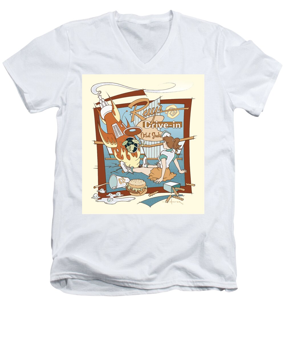 Mid Century Men's V-Neck T-Shirt featuring the drawing Ray's Drive-in - brunette sepia by Larry Hunter