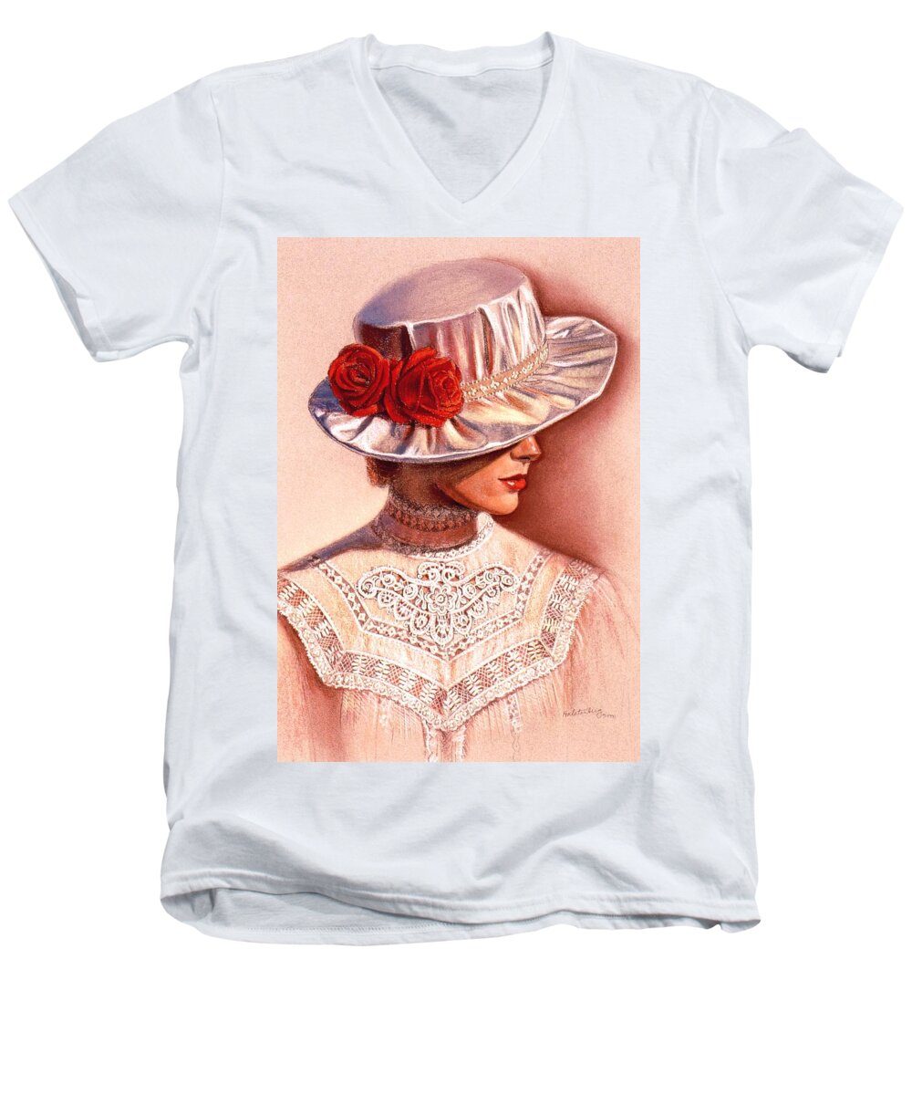 Victorian Lady Men's V-Neck T-Shirt featuring the painting Red Roses Satin Hat by Sue Halstenberg