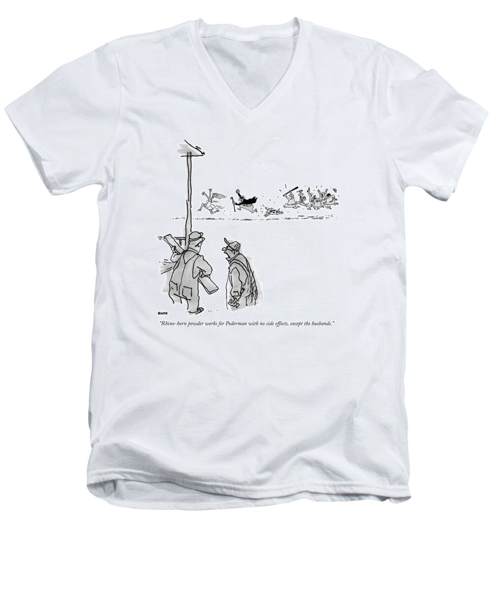 
(old Man Chases Younger Woman As Husbands And Dog Chase Him.)sex Men's V-Neck T-Shirt featuring the drawing Rhino-horn Powder Works For Pederman With No Side by George Booth
