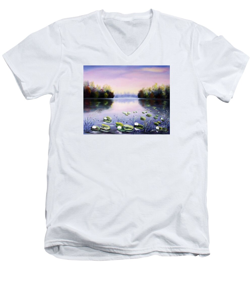 Romantic Men's V-Neck T-Shirt featuring the painting Romantic Lake by Vesna Martinjak