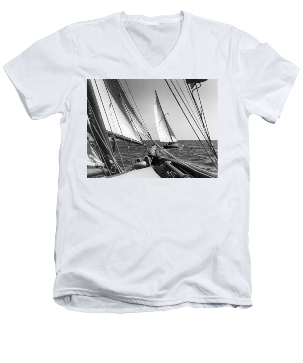 1937 Men's V-Neck T-Shirt featuring the photograph Sailing In Los Angeles Regatta by Underwood Archives