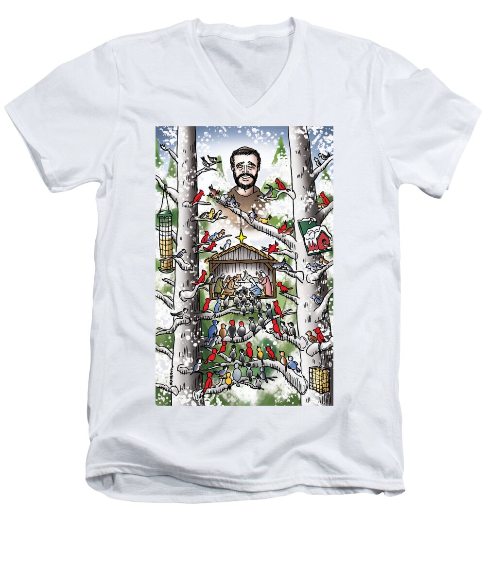 Catholic Men's V-Neck T-Shirt featuring the digital art St. Francis And The Birds by Mark Armstrong