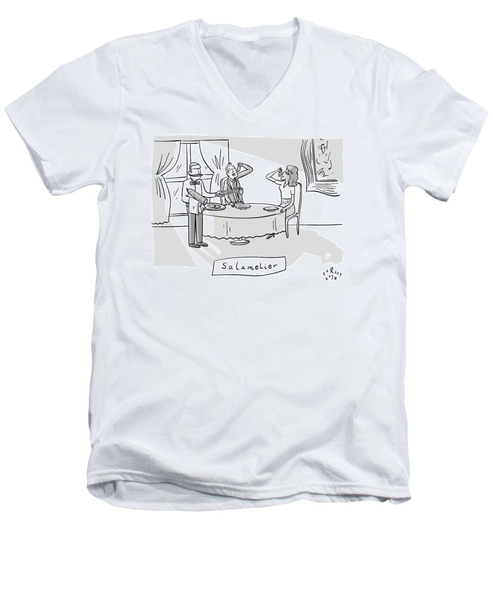 Captionless Men's V-Neck T-Shirt featuring the drawing Salamlier -- A Waiter Slices Salami For Two by Farley Katz
