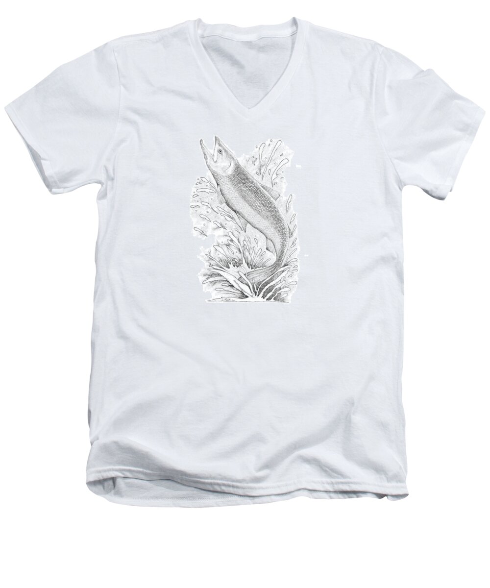 Wildlife Men's V-Neck T-Shirt featuring the drawing Salmon by Lawrence Tripoli