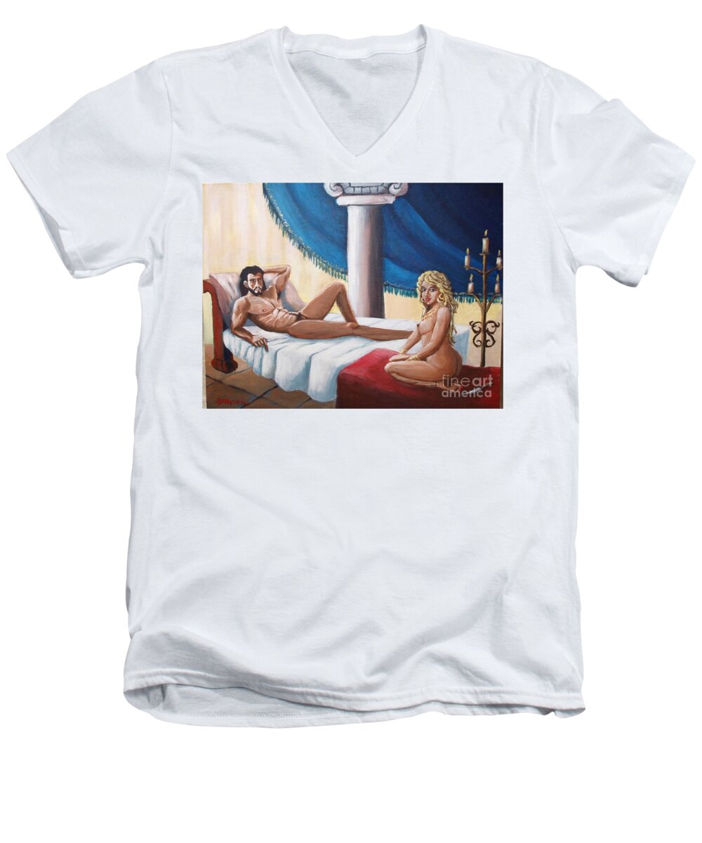 Samson Men's V-Neck T-Shirt featuring the painting Samson and Delilah by Jean Pierre Bergoeing