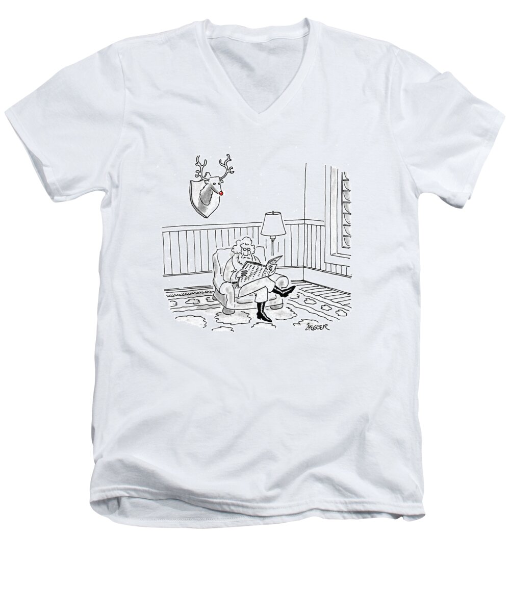 (santa Claus Sits Reading A Newspaper While Rudolph-the-red-nosed-reindeer's Head Hangs Like A Hunting Trophy On The Wall Behind Him)
Holidays Men's V-Neck T-Shirt featuring the drawing Santa Claus Sits Reading A Newspaper by Jack Ziegler
