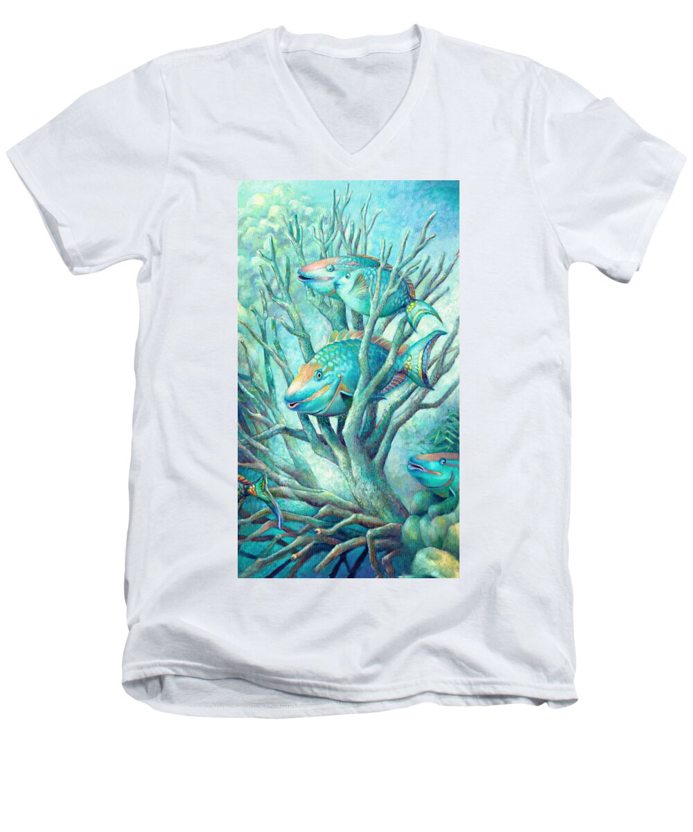 Under Water Men's V-Neck T-Shirt featuring the painting Sea Folk II - Parrot Fish by Nancy Tilles