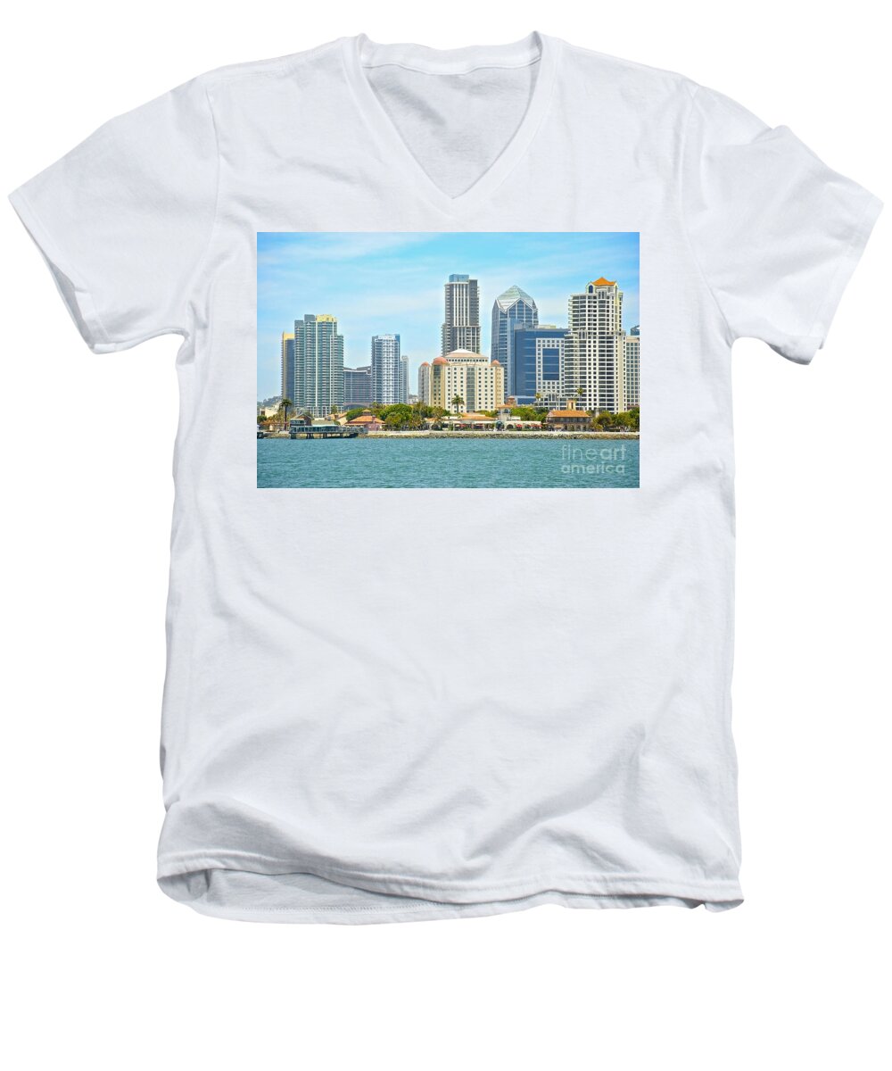 Landscape Men's V-Neck T-Shirt featuring the photograph Seaport Village and Downtown San Diego Buildings by Claudia Ellis