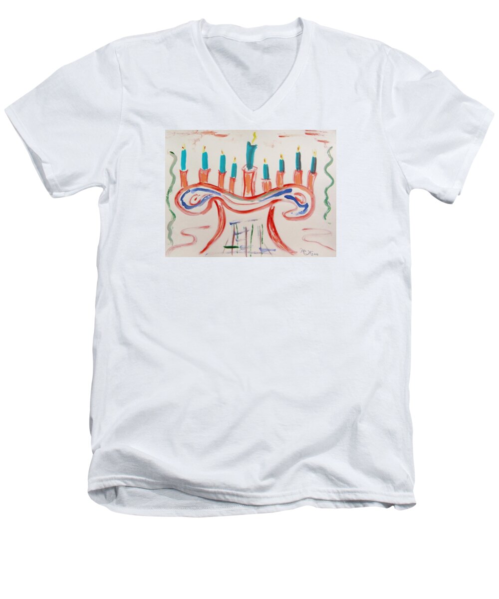 Hanukkah Men's V-Neck T-Shirt featuring the painting Season of the Lights by Mary Carol Williams