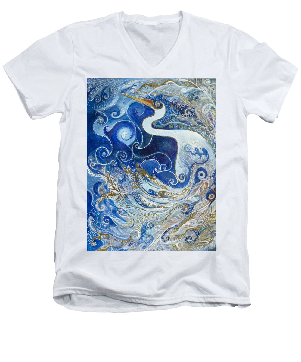 Blue Heron Men's V-Neck T-Shirt featuring the painting Seeking Balance by Leela Payne