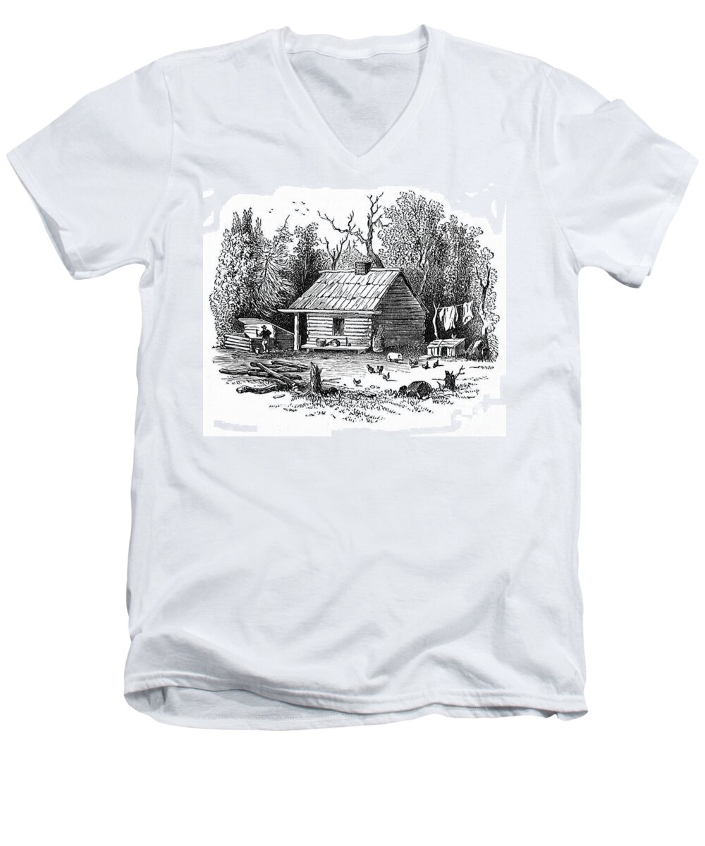 Canada Men's V-Neck T-Shirt featuring the drawing Settler's Log Cabin - 1878 by Art MacKay