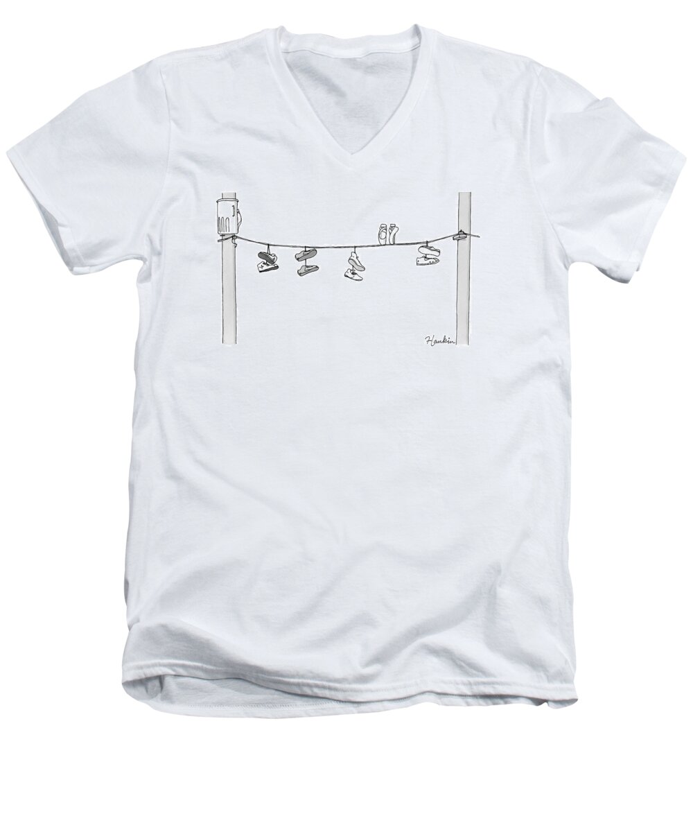 Captionless Men's V-Neck T-Shirt featuring the drawing Several Pairs Of Shoes Dangle Over An Electrical by Charlie Hankin