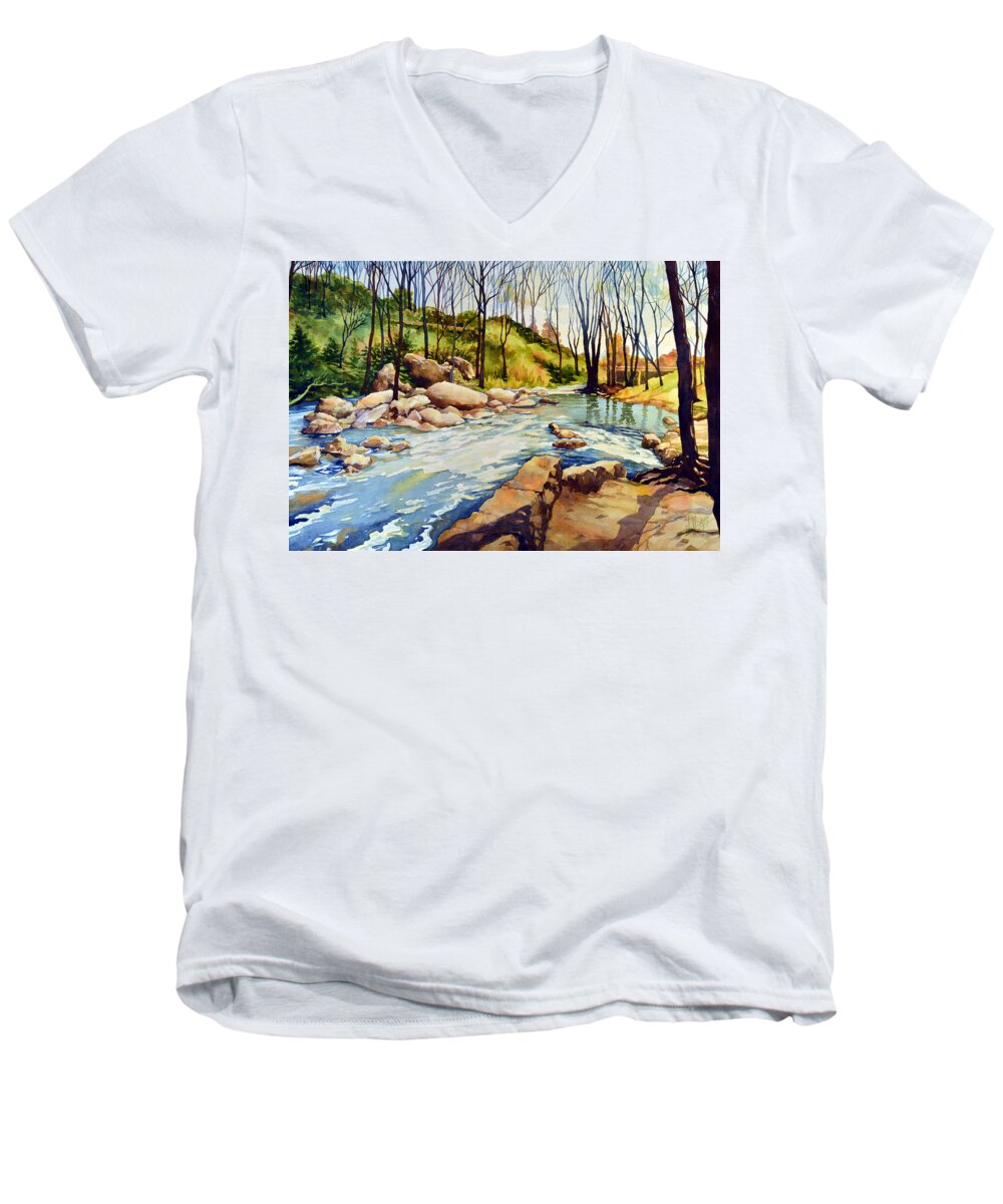 Watercolor Men's V-Neck T-Shirt featuring the painting Shallow Water Rapids by Mick Williams