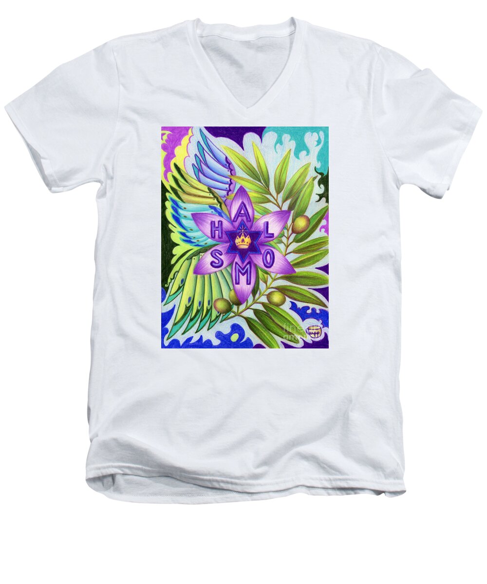 Florals Men's V-Neck T-Shirt featuring the painting Shalom by Nancy Cupp