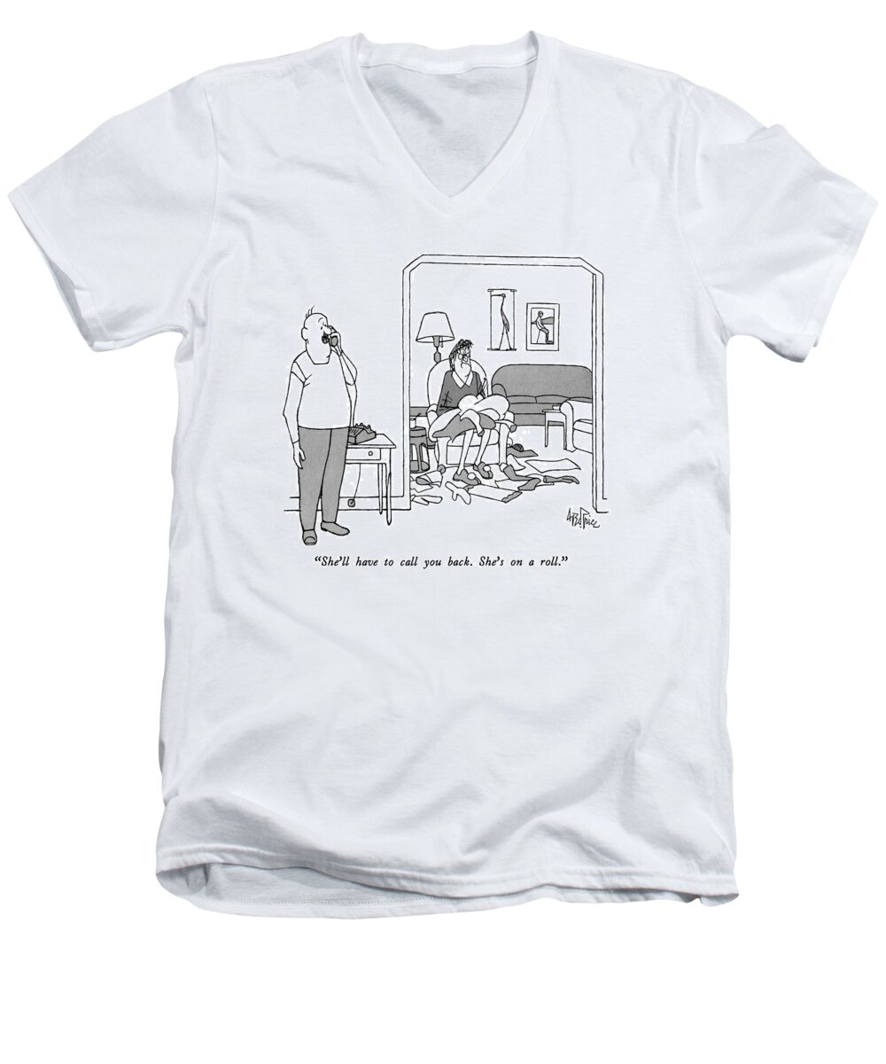 Middle Age Men's V-Neck T-Shirt featuring the drawing She'll Have To Call You Back. She's On A Roll by George Price