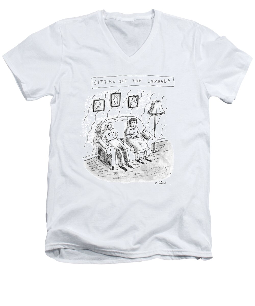 Sitting Out The Lambada
(middle-aged Couple Sits On Their Sofa. Refers To Recent Erotic-dance Craze.) 
Entertainment Men's V-Neck T-Shirt featuring the drawing Sitting Out The Lambada by Roz Chast