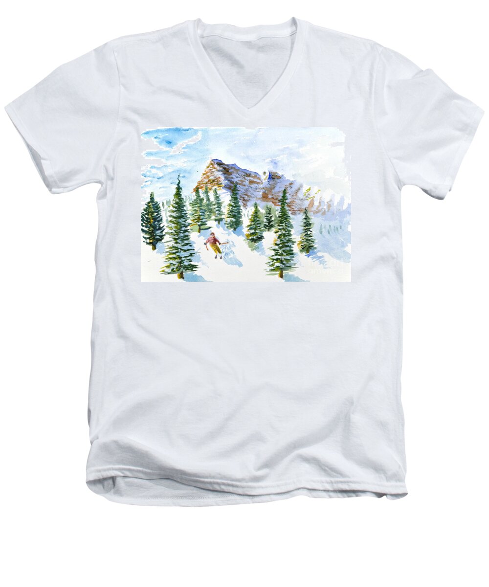 Skier Men's V-Neck T-Shirt featuring the painting Skier in the Trees by Walt Brodis