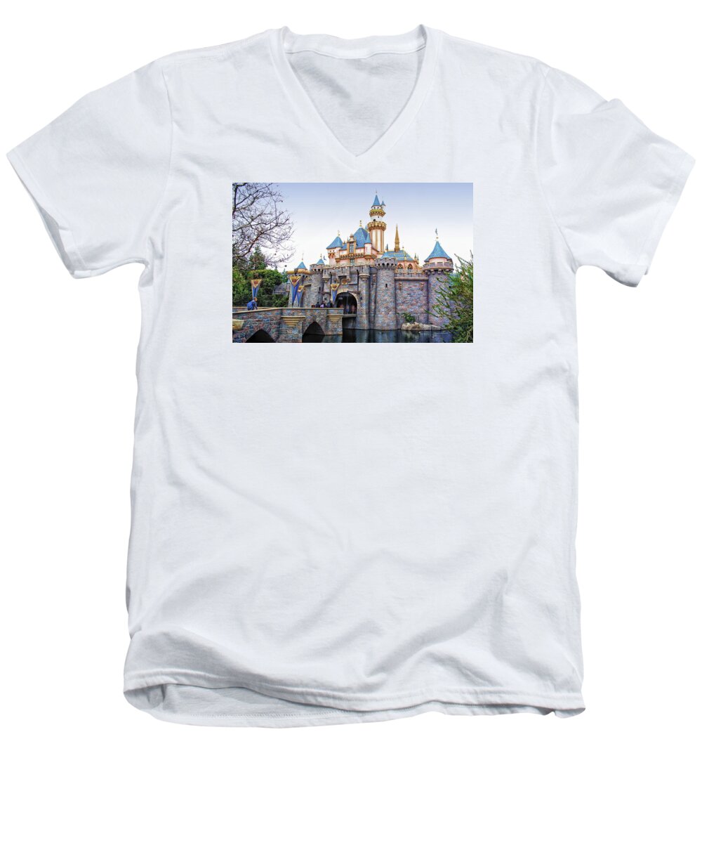 Mickey Mouse Men's V-Neck T-Shirt featuring the photograph Sleeping Beauty Castle Disneyland Side View by Thomas Woolworth