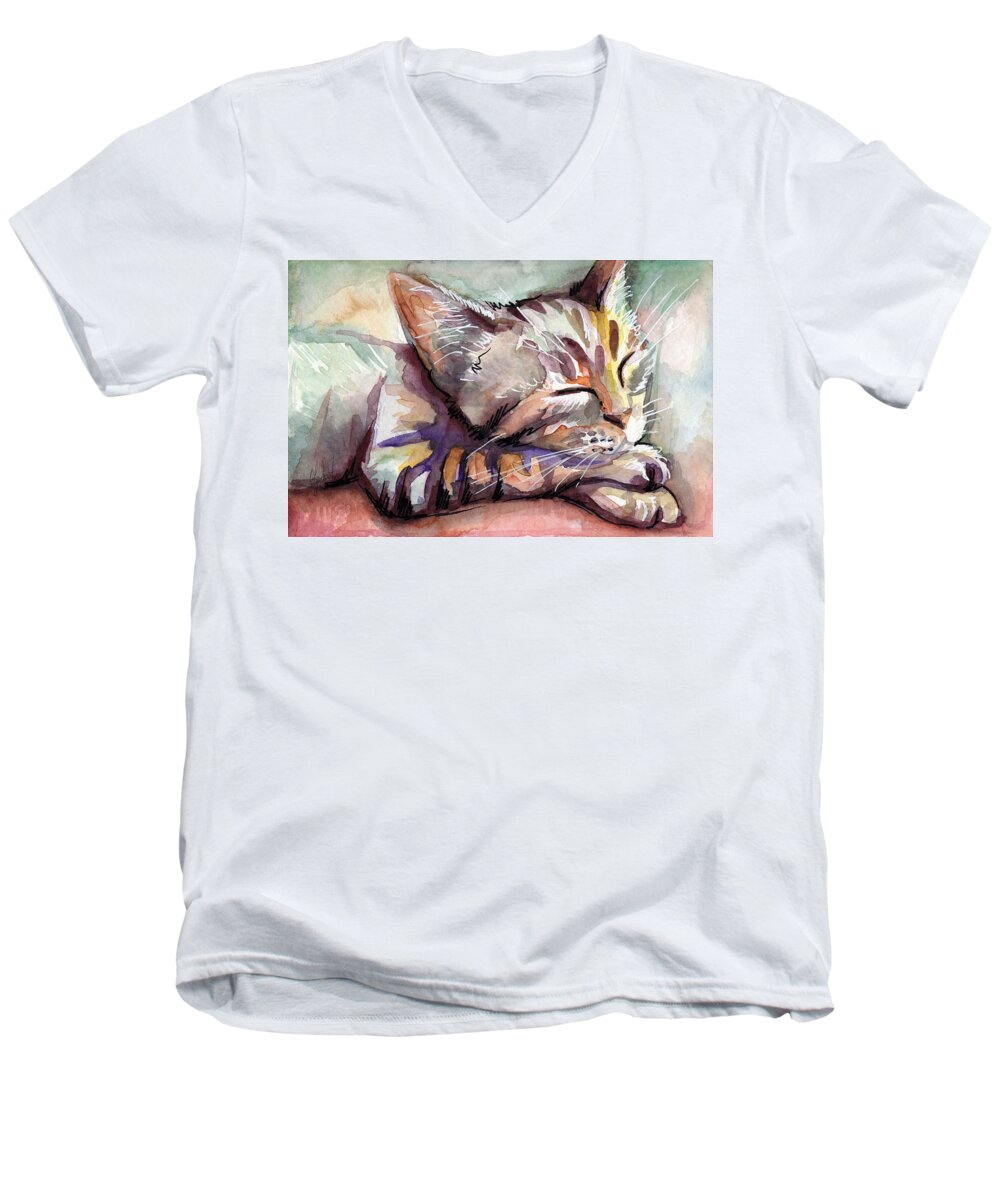 Sleeping Cat Men's V-Neck T-Shirt featuring the painting Sleeping Kitten by Olga Shvartsur