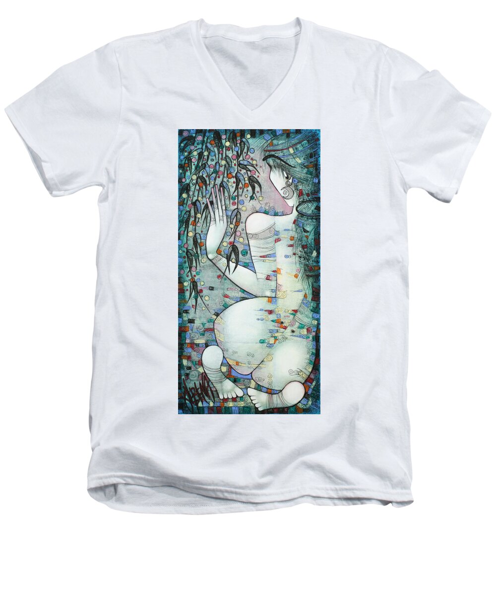 Albena Men's V-Neck T-Shirt featuring the painting Sleepless Nights by Albena Vatcheva