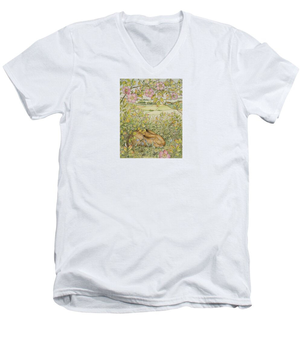 Rabbit Men's V-Neck T-Shirt featuring the painting Sleepy Bunny by Lynn Bywaters