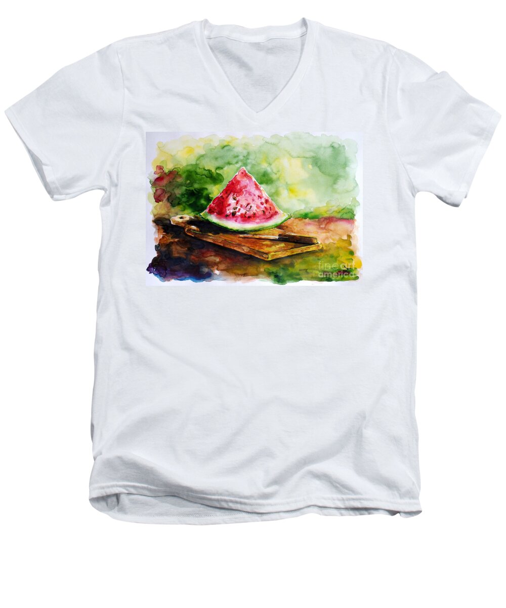 Watermelon Men's V-Neck T-Shirt featuring the painting Sliced Watermelon by Zaira Dzhaubaeva