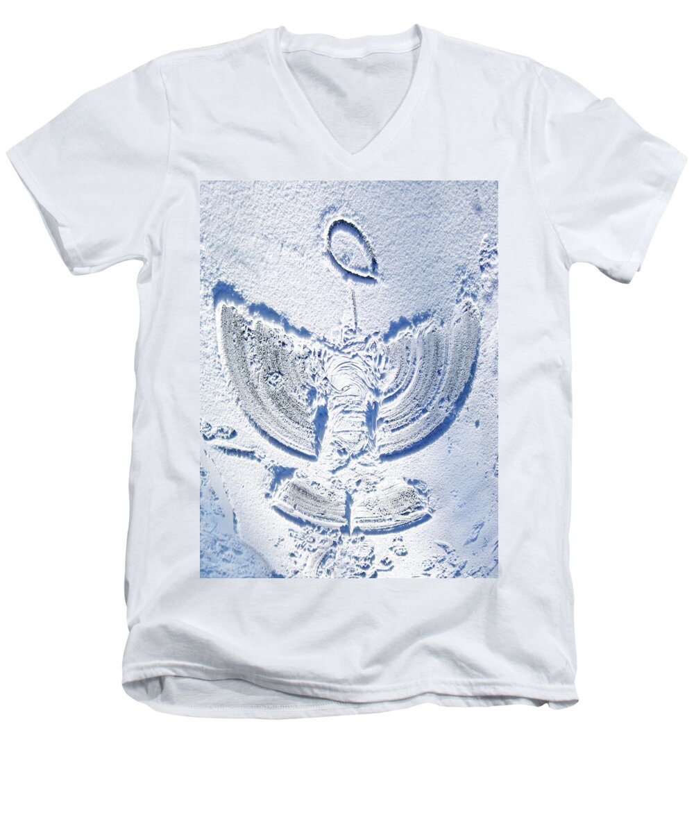 Snow Men's V-Neck T-Shirt featuring the photograph Snow Angel by Larry Hunter