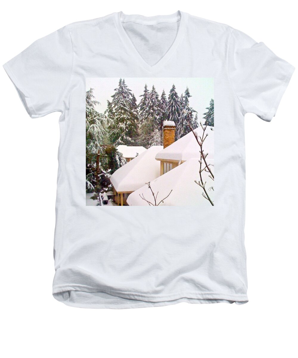 Snow Men's V-Neck T-Shirt featuring the photograph Snow Covered Rooftops - Winter in Lake Oswego OR by Anna Porter