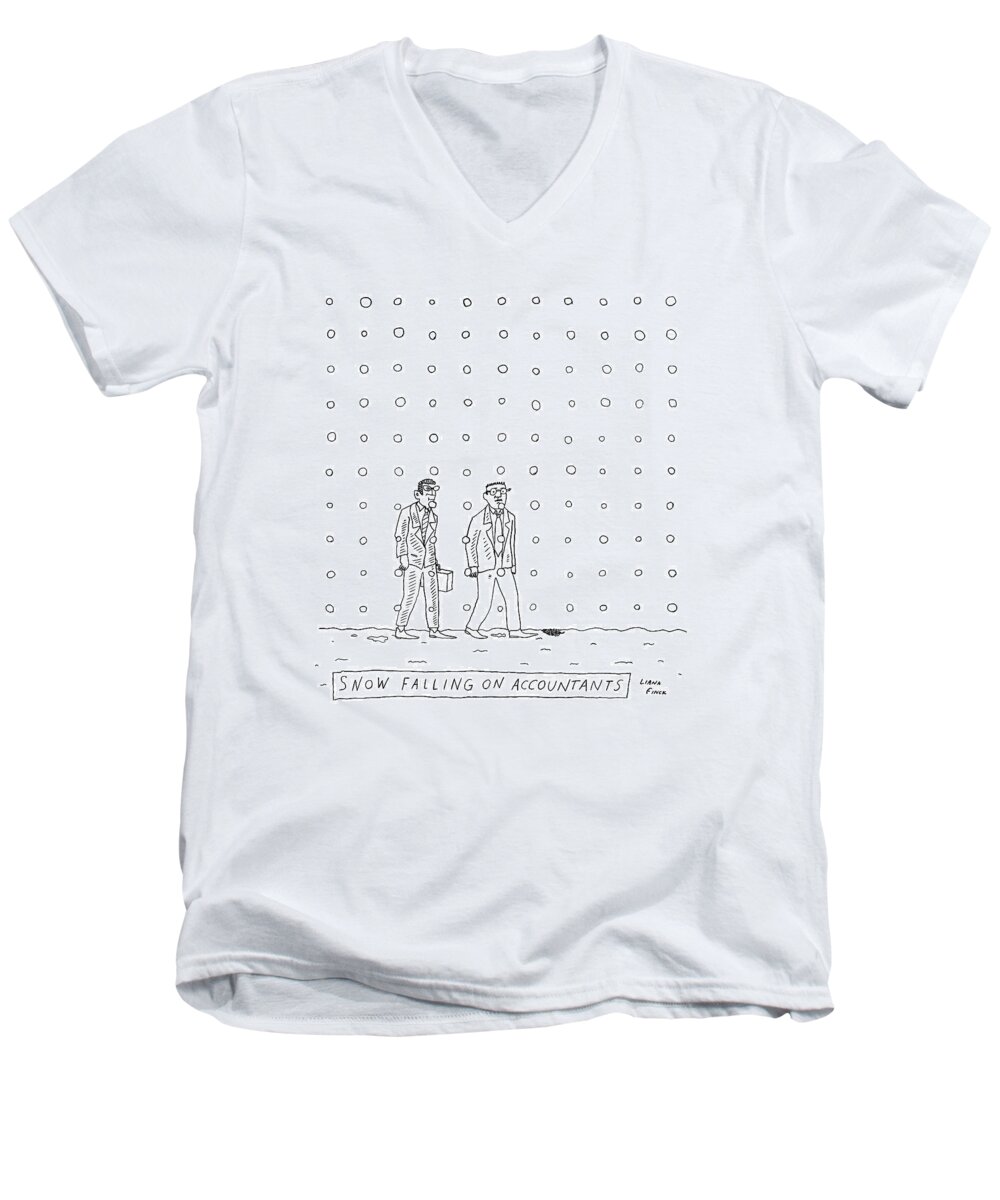 Snow Falling On Cedars Men's V-Neck T-Shirt featuring the drawing Snow Falling On Accountants -- Two Men Walk by Liana Finck