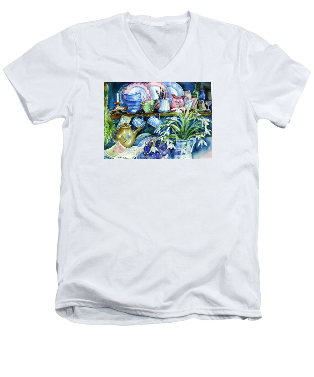 Snowdrops Men's V-Neck T-Shirt featuring the painting Snowdrops on a Kitchen Dresser by Trudi Doyle