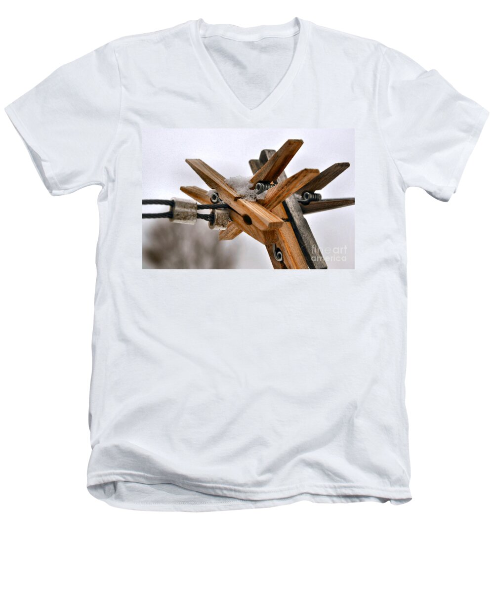 Snow Men's V-Neck T-Shirt featuring the photograph Winter Laundry Day by Anjanette Douglas