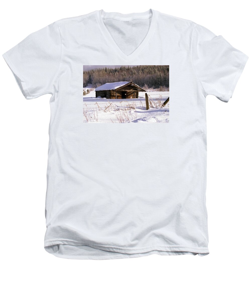 Snow Men's V-Neck T-Shirt featuring the photograph Snowy Cabin by Vivian Martin