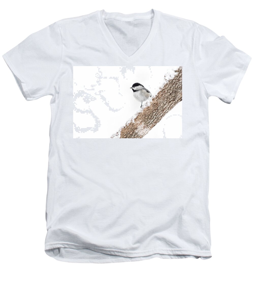 K-30 Men's V-Neck T-Shirt featuring the photograph Snowy Chickadee by Lori Coleman