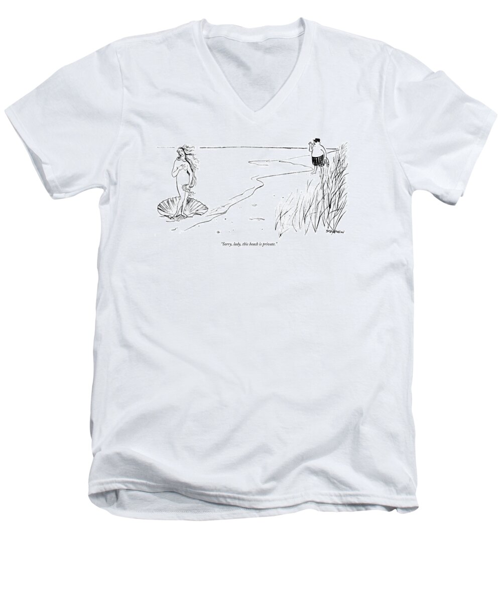 Seashore Men's V-Neck T-Shirt featuring the drawing This Beach Is Private by James Stevenson