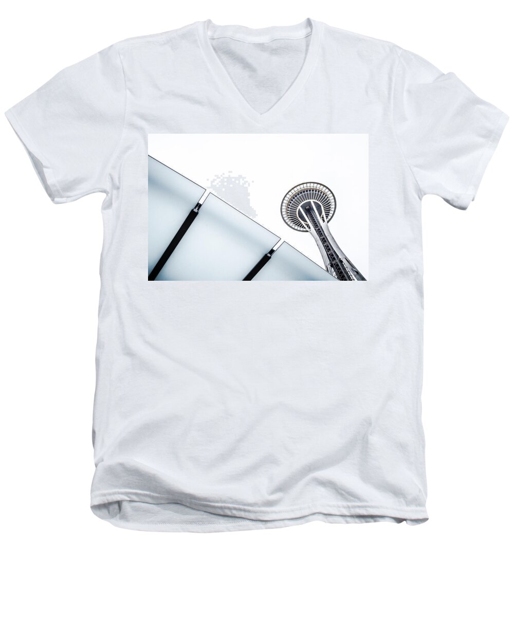 2014 Men's V-Neck T-Shirt featuring the photograph Space Needle on White by Wade Brooks