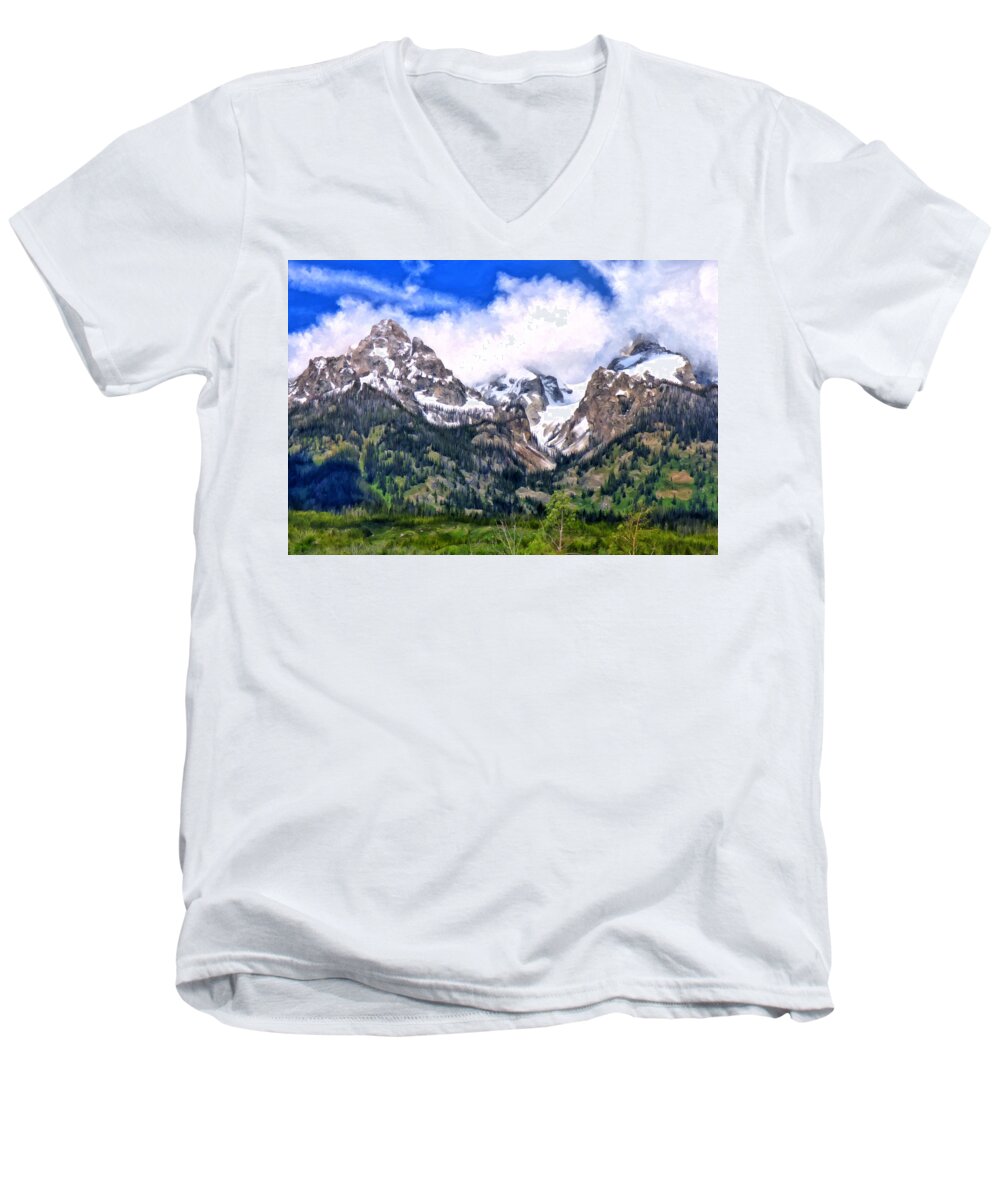  Men's V-Neck T-Shirt featuring the painting Spring in the Grand Tetons by Michael Pickett