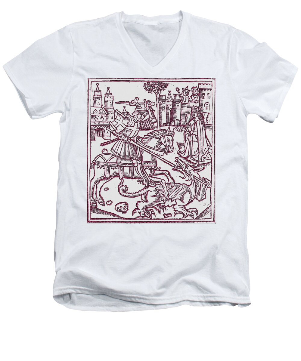 St. George Men's V-Neck T-Shirt featuring the digital art St. George - Woodcut by John Madison