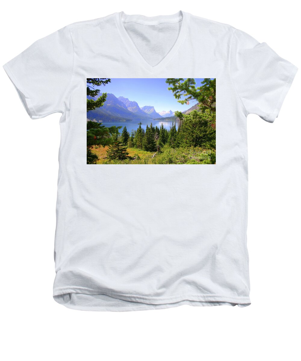 Scenic Men's V-Neck T-Shirt featuring the photograph St. Mary Lake by Bob Hislop